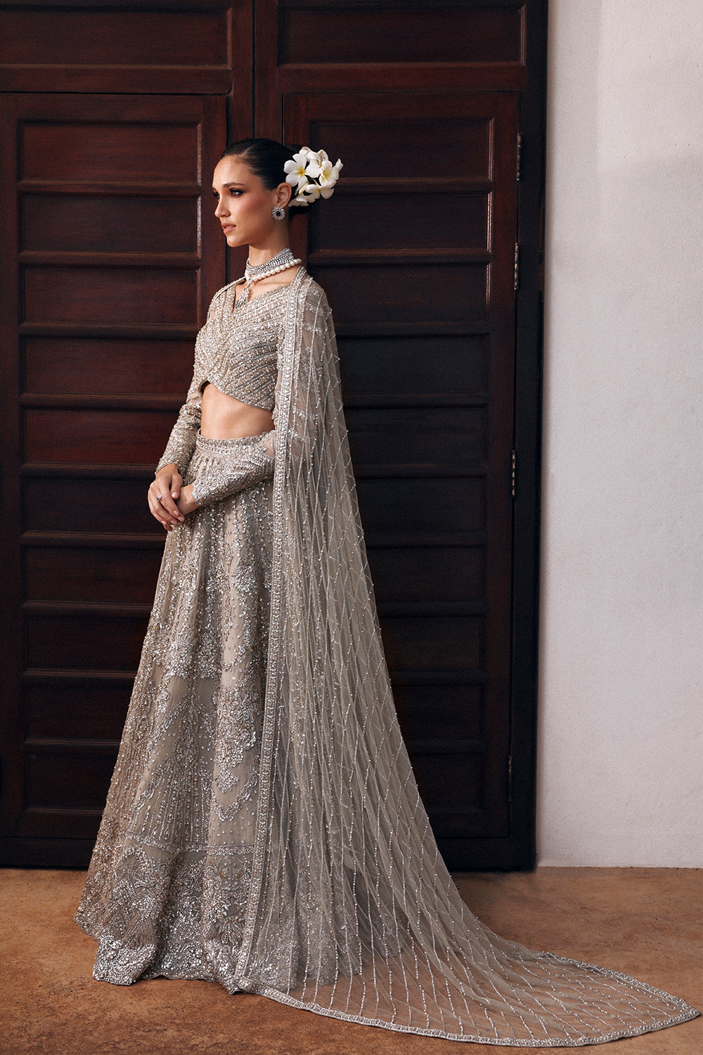 Grey Swarovski Embellished Net Organza Lehenga (3-Piece) - Image 3