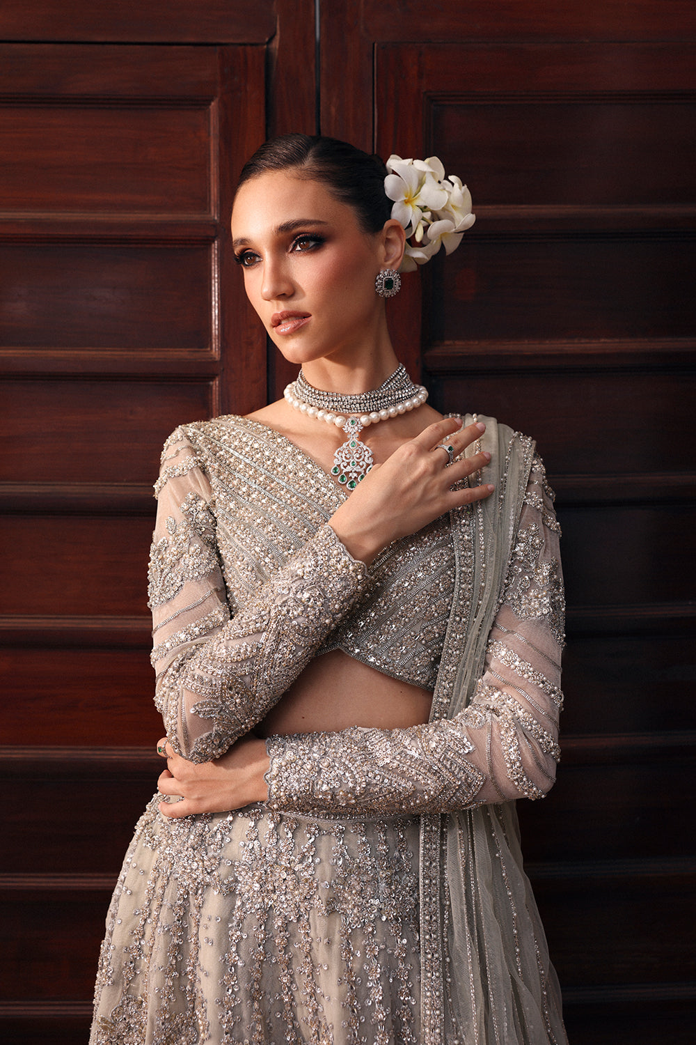 Grey Swarovski Embellished Net Organza Lehenga (3-Piece) - Image 4