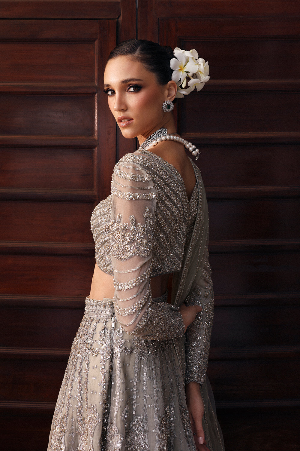 Grey Swarovski Embellished Net Organza Lehenga (3-Piece) - Image 5
