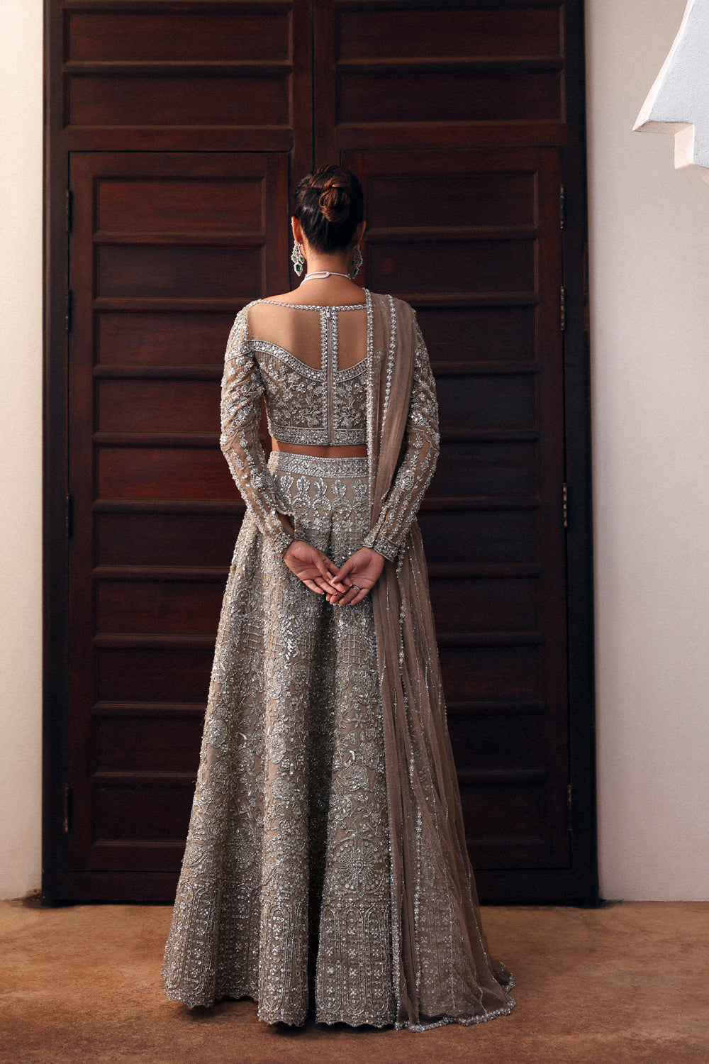 Grey Swarovski Embellished Net Organza Lehenga (3-Piece) - Image 7