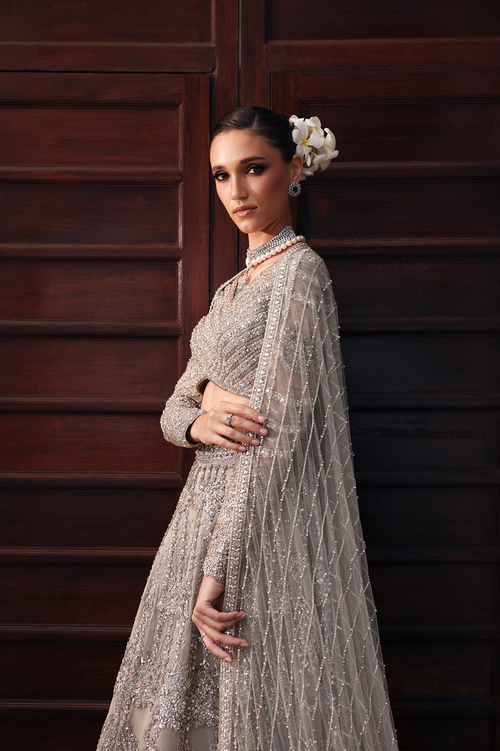 Grey Swarovski Embellished Net Organza Lehenga (3-Piece) - Image 8