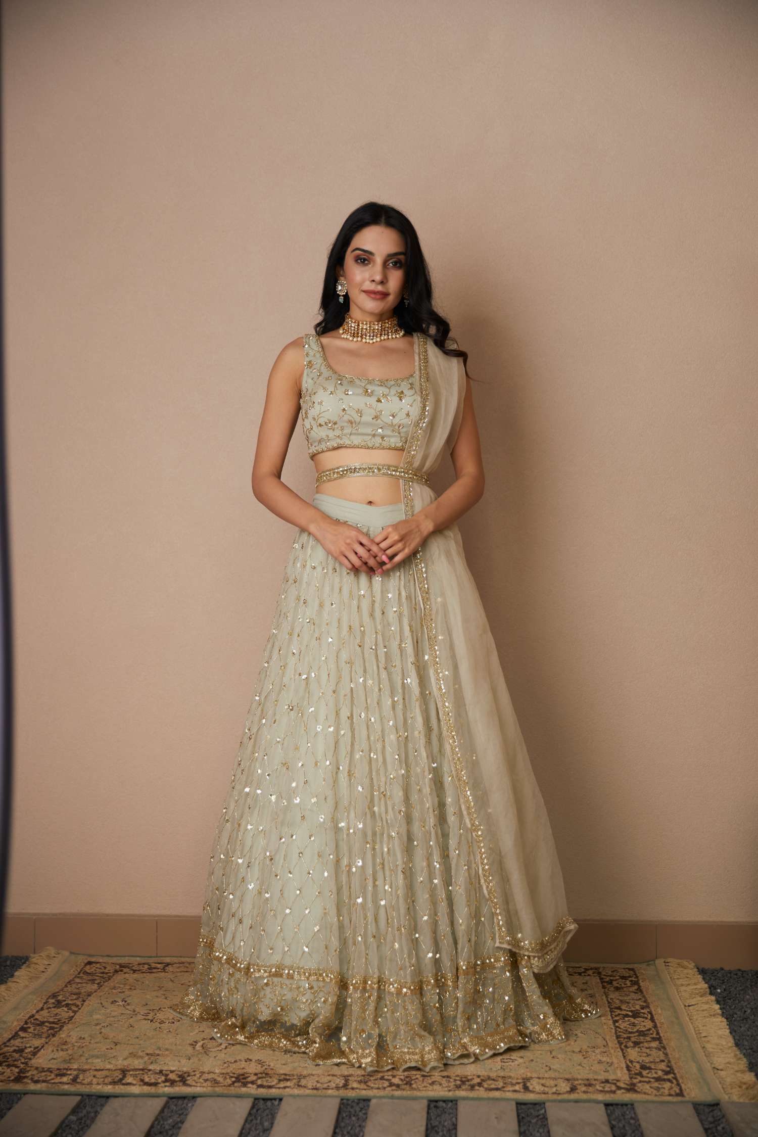 Light Grey Embroidered Organza Lehenga Set (3-Piece) - Image 1