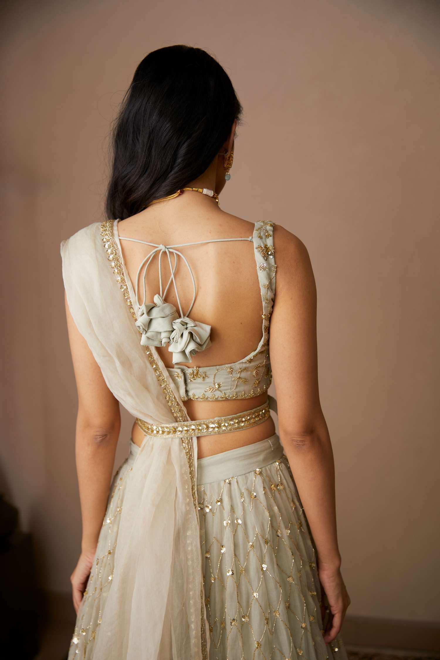 Light Grey Embroidered Organza Lehenga Set (3-Piece) - Image 5