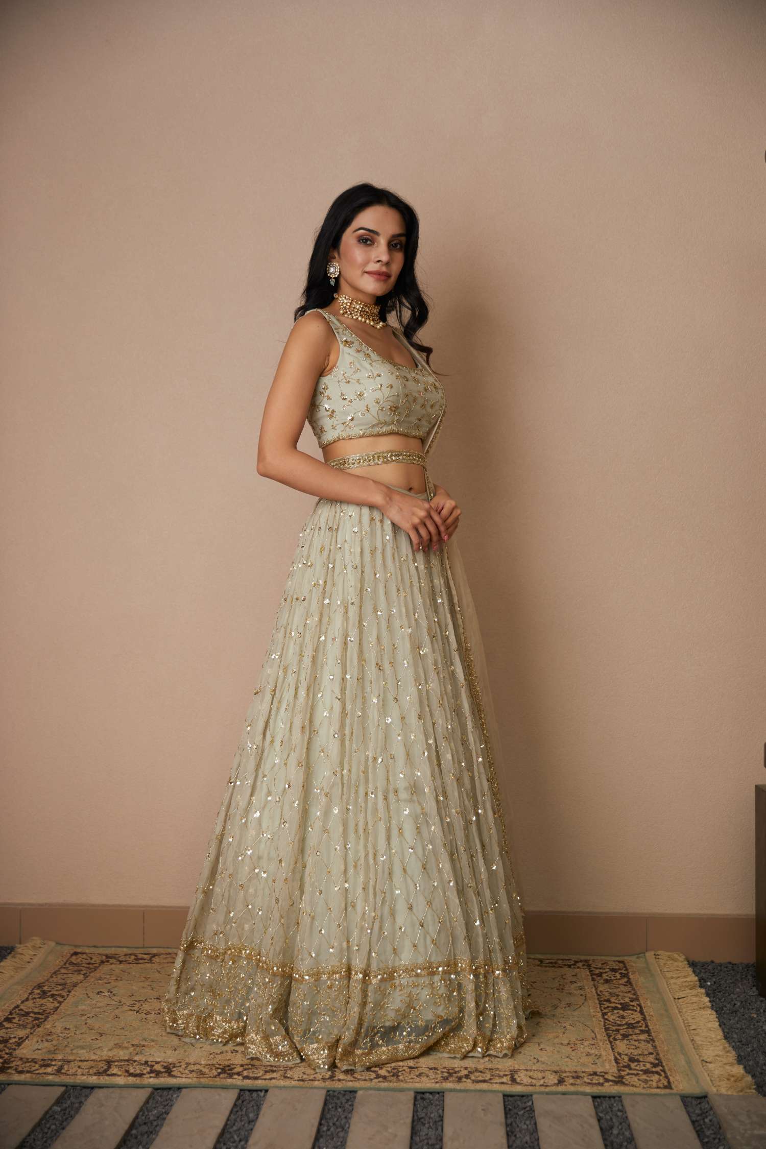 Light Grey Embroidered Organza Lehenga Set (3-Piece) - Image 6