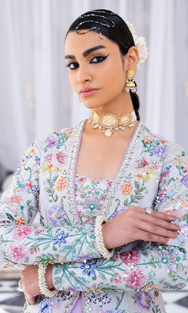 Ash Grey Embroidered Organza Lehenga Set (3-Piece) - Image 7