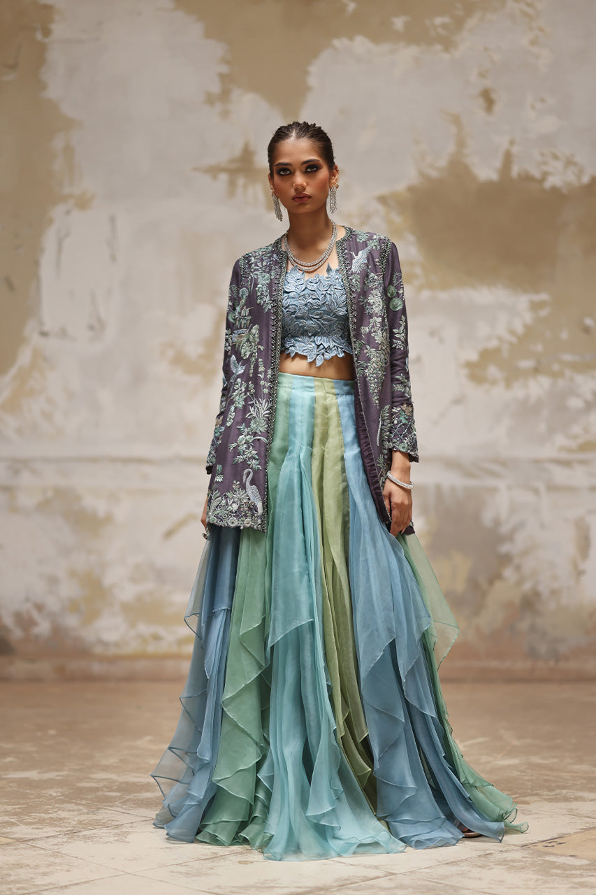 Grey Arri Embroidered Raw Silk Jacket Lehenga (3-Piece) - Image 1