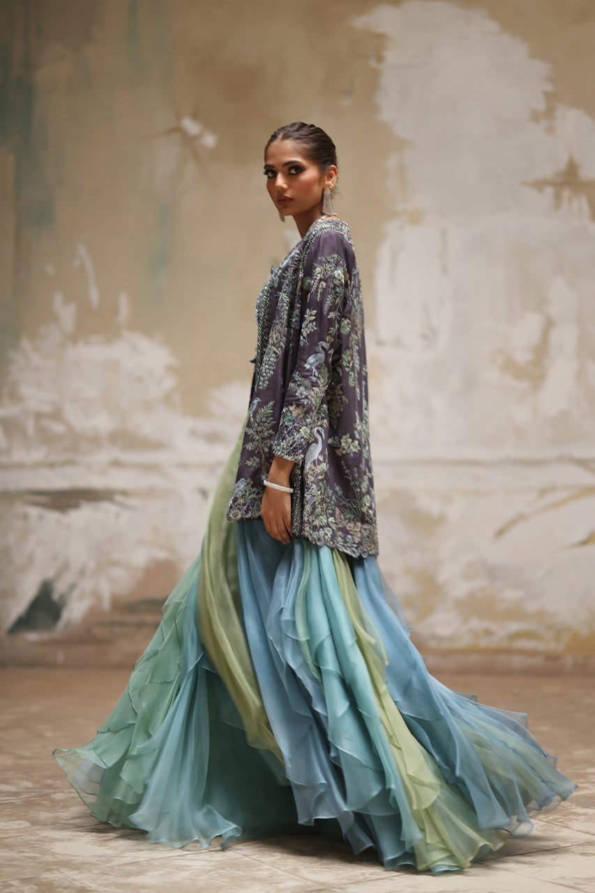 Grey Arri Embroidered Raw Silk Jacket Lehenga (3-Piece) - Image 4