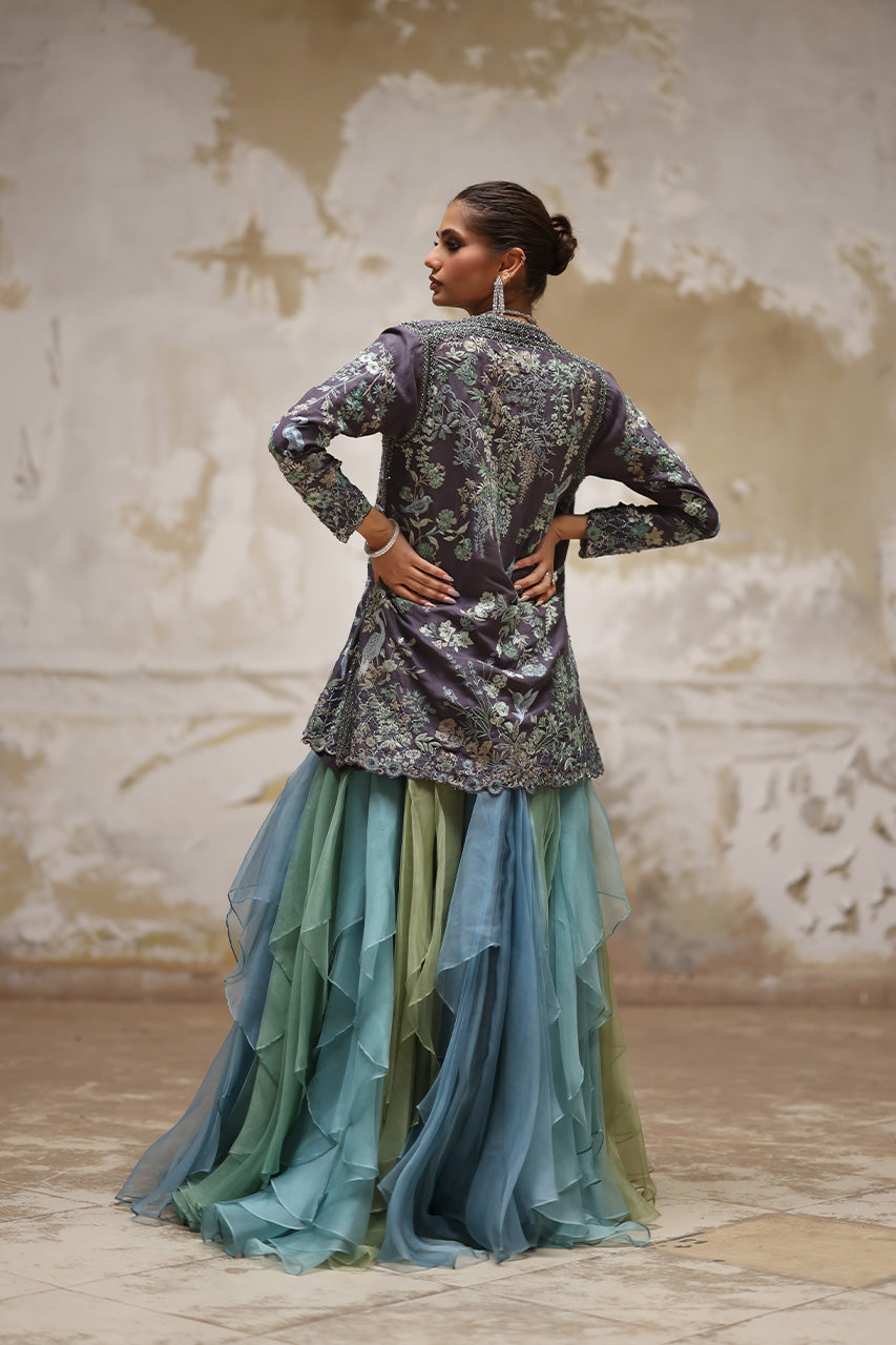 Grey Arri Embroidered Raw Silk Jacket Lehenga (3-Piece) - Image 2