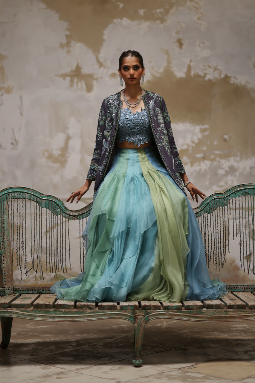 Grey Arri Embroidered Raw Silk Jacket Lehenga (3-Piece) - Image 3