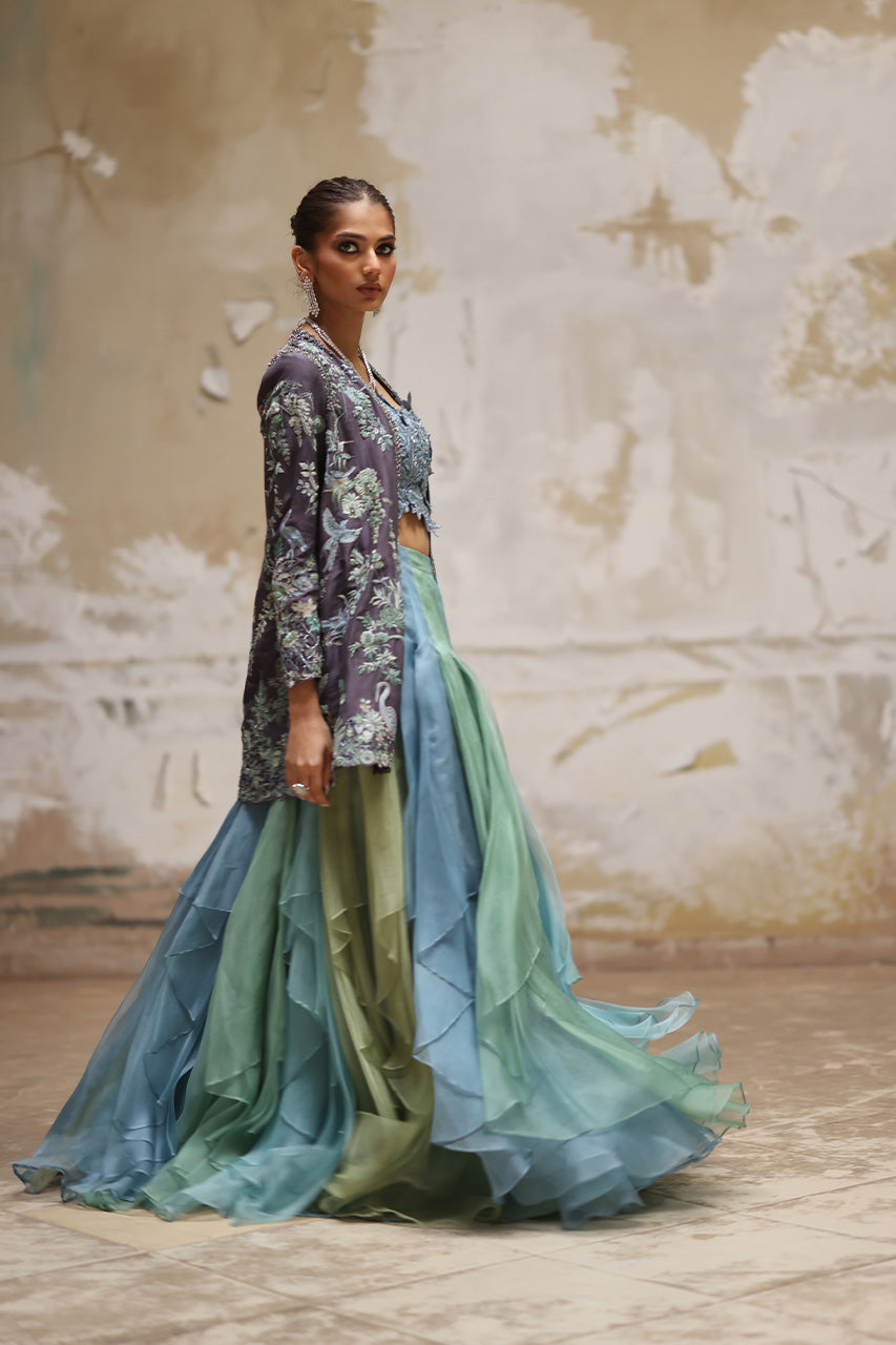 Grey Arri Embroidered Raw Silk Jacket Lehenga (3-Piece) - Image 5