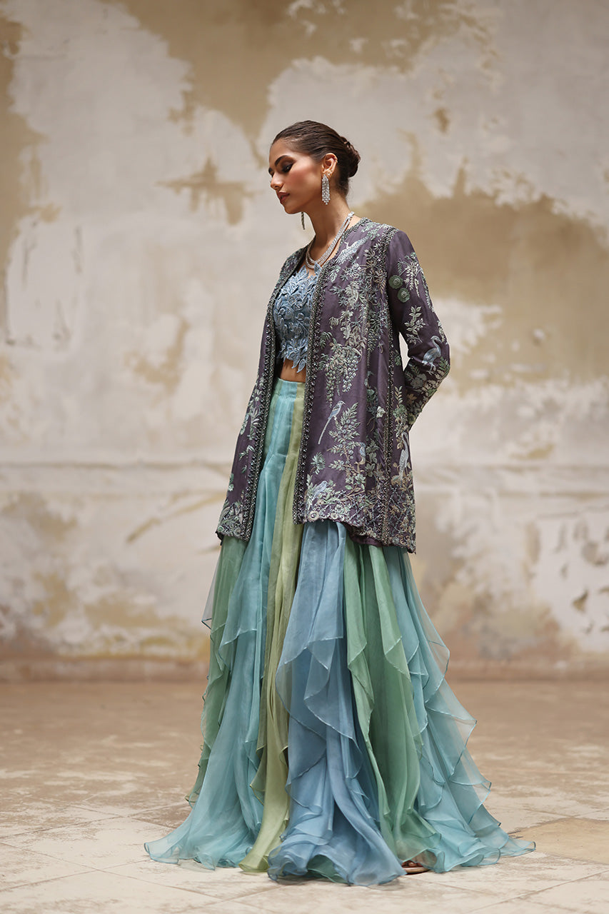 Grey Arri Embroidered Raw Silk Jacket Lehenga (3-Piece) - Image 6
