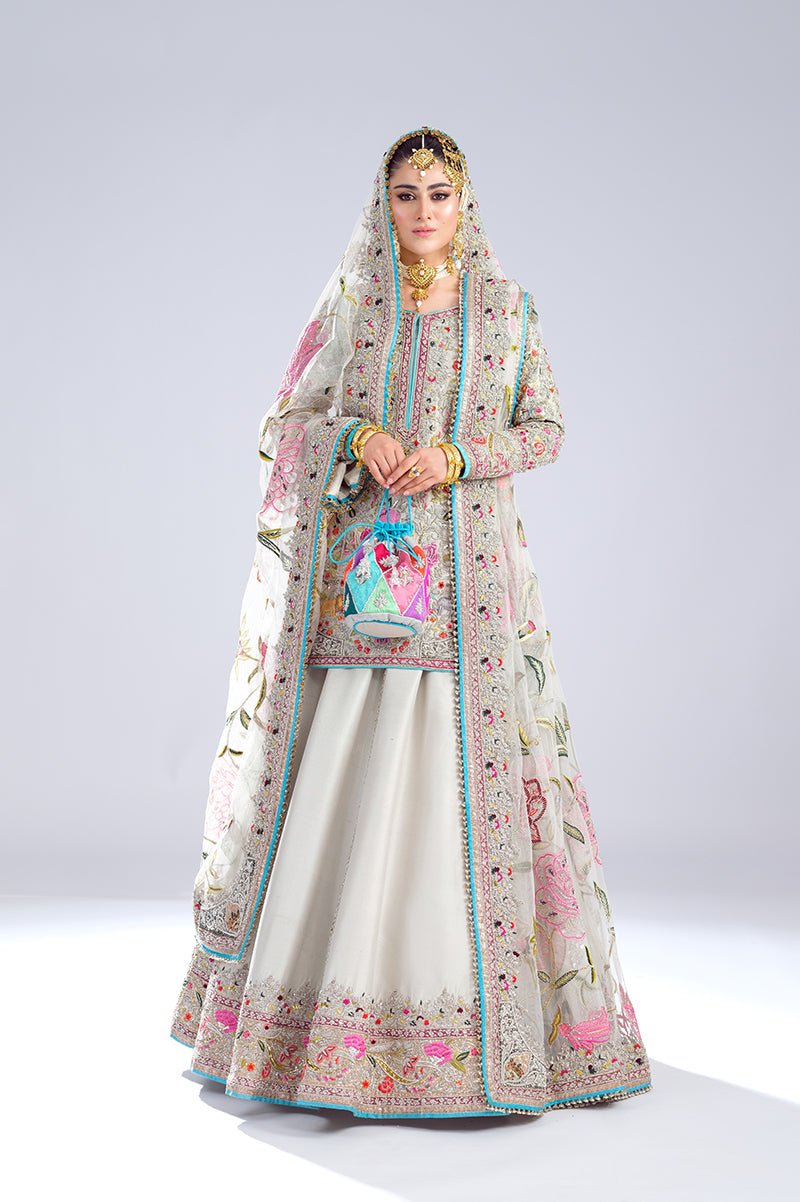 Pakistani Grey Embroidered Raw Silk Lehenga Bridal Set (3-Piece) - Image 2