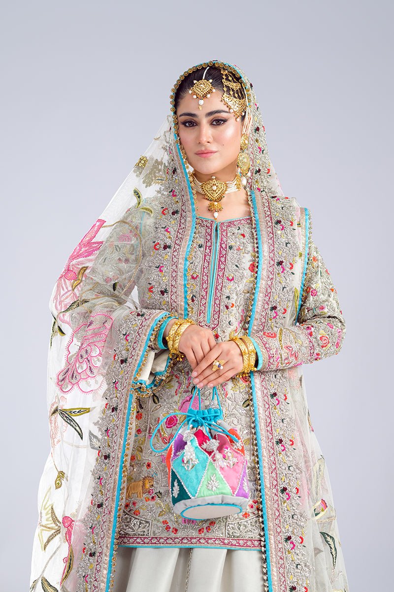 Pakistani Grey Embroidered Raw Silk Lehenga Bridal Set (3-Piece) - Image 3