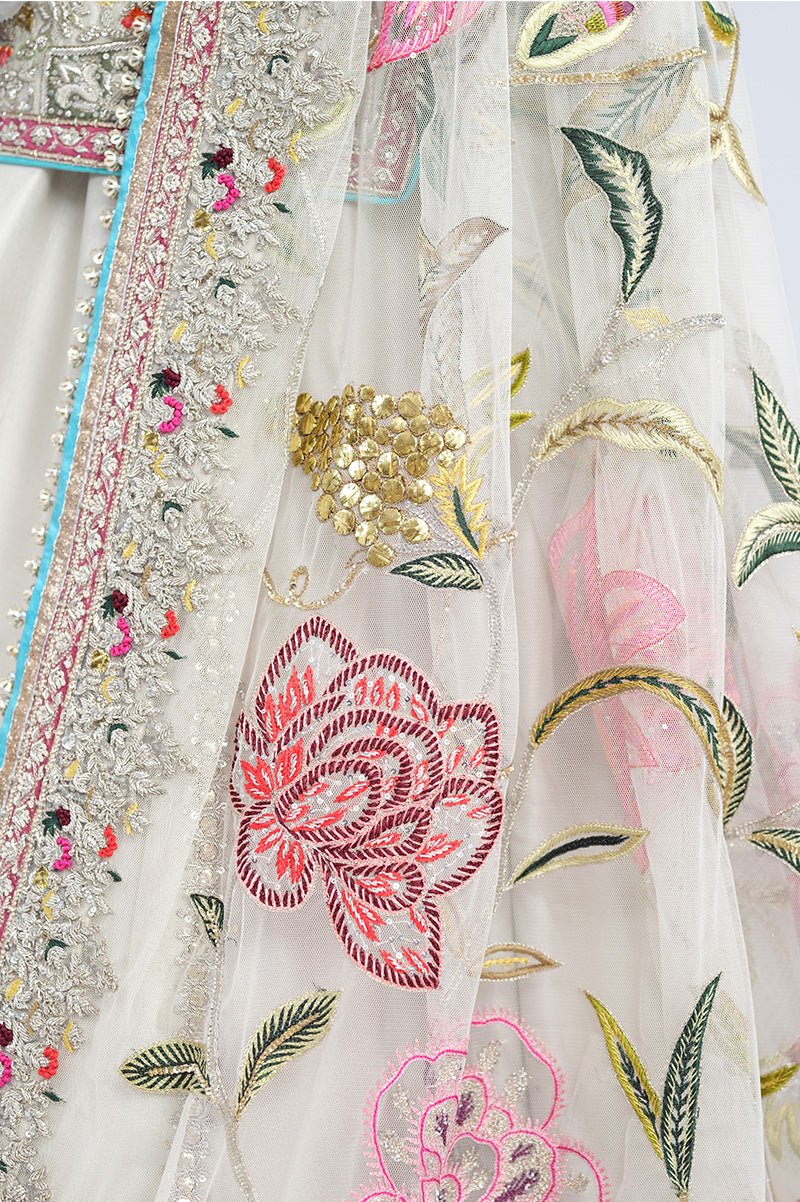 Pakistani Grey Embroidered Raw Silk Lehenga Bridal Set (3-Piece) - Image 4