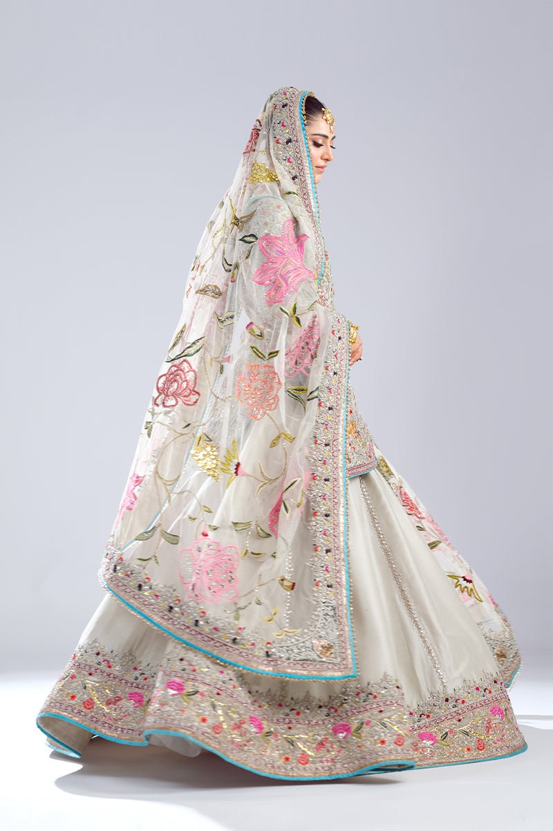 Pakistani Grey Embroidered Raw Silk Lehenga Bridal Set (3-Piece) - Image 7