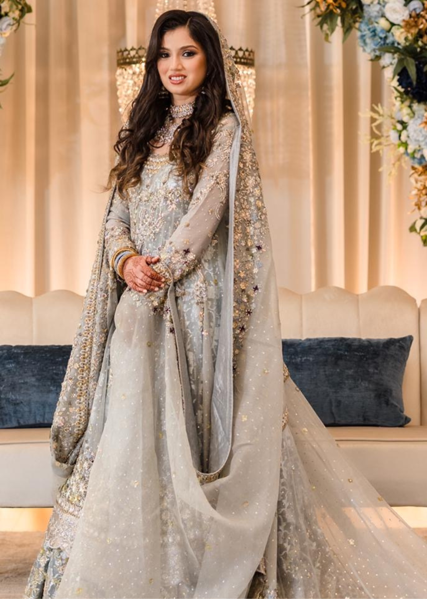 Pakistani Soft Grey Embroidered Silk-Blend Bridal Lehenga (3-Piece) - Image 1