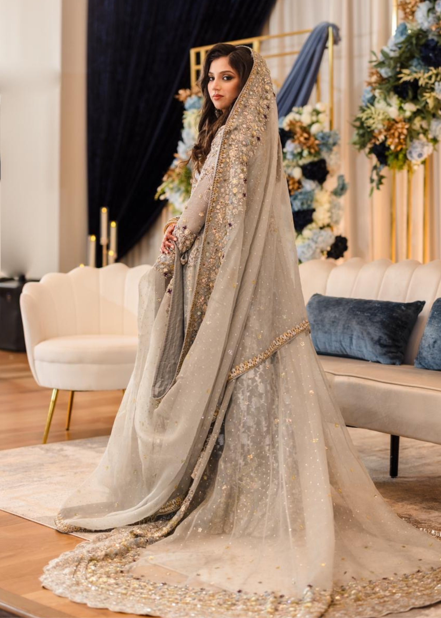 Pakistani Soft Grey Embroidered Silk-Blend Bridal Lehenga (3-Piece) - Image 2