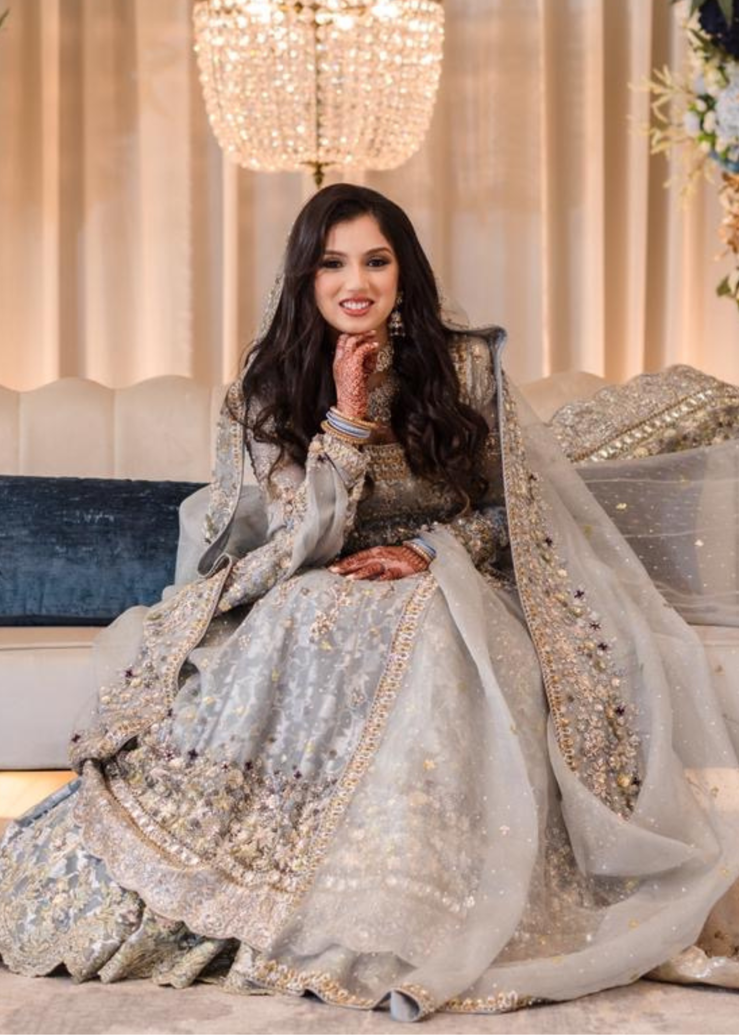 Pakistani Soft Grey Embroidered Silk-Blend Bridal Lehenga (3-Piece) - Image 3