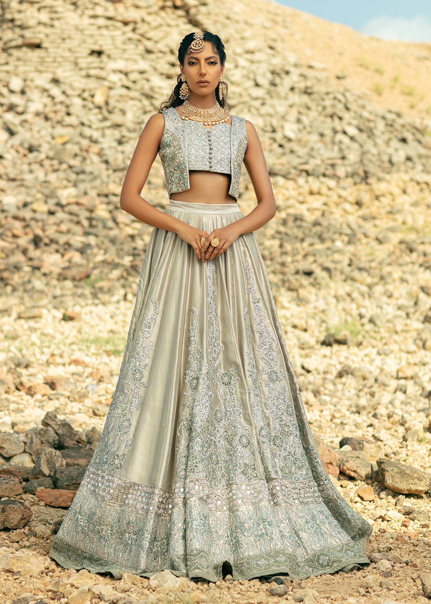 Steel Grey Embroidered Pure Silk Lame Lehenga (3-Piece) - Image 1