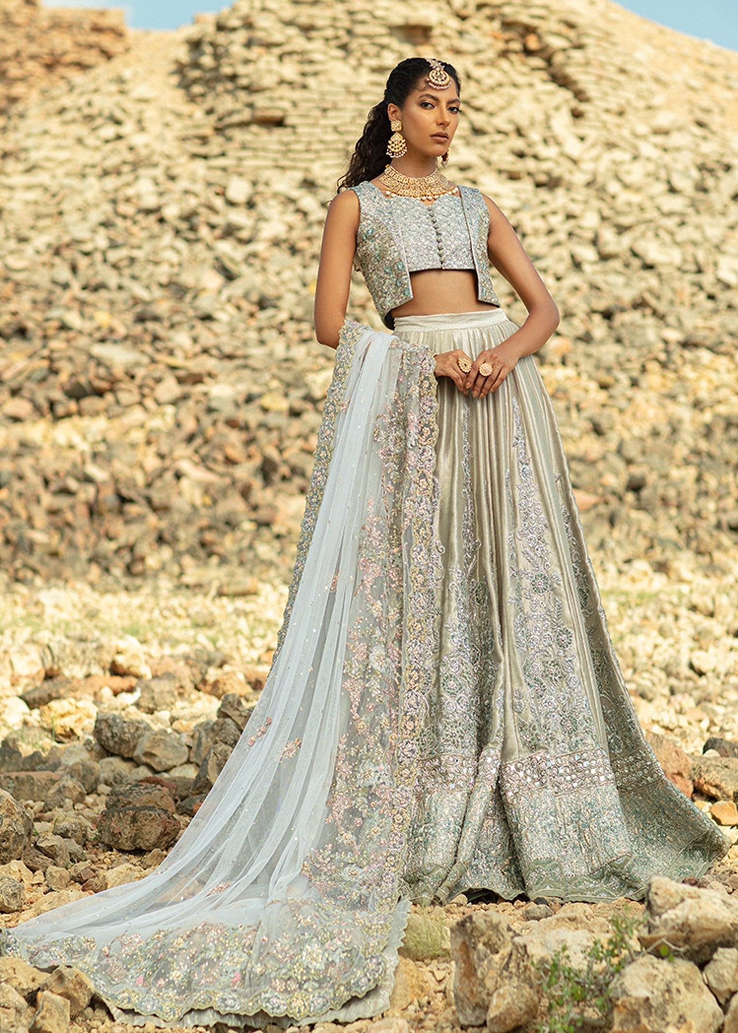 Steel Grey Embroidered Pure Silk Lame Lehenga (3-Piece) - Image 2