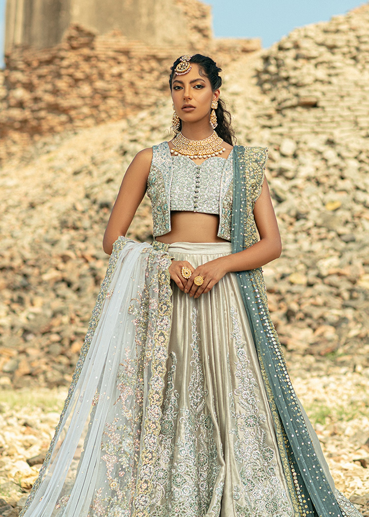 Steel Grey Embroidered Pure Silk Lame Lehenga (3-Piece) - Image 3
