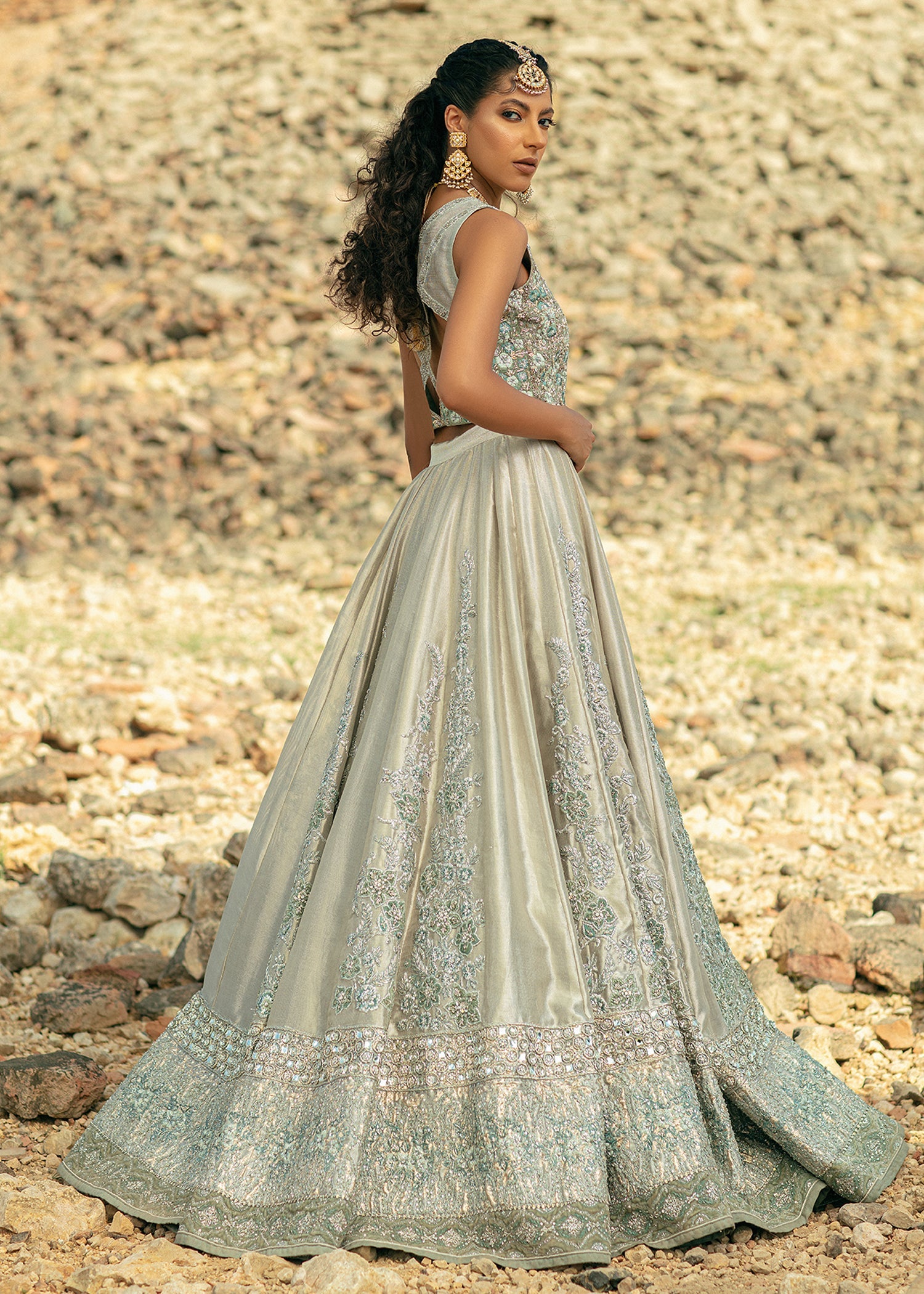 Steel Grey Embroidered Pure Silk Lame Lehenga (3-Piece) - Image 4