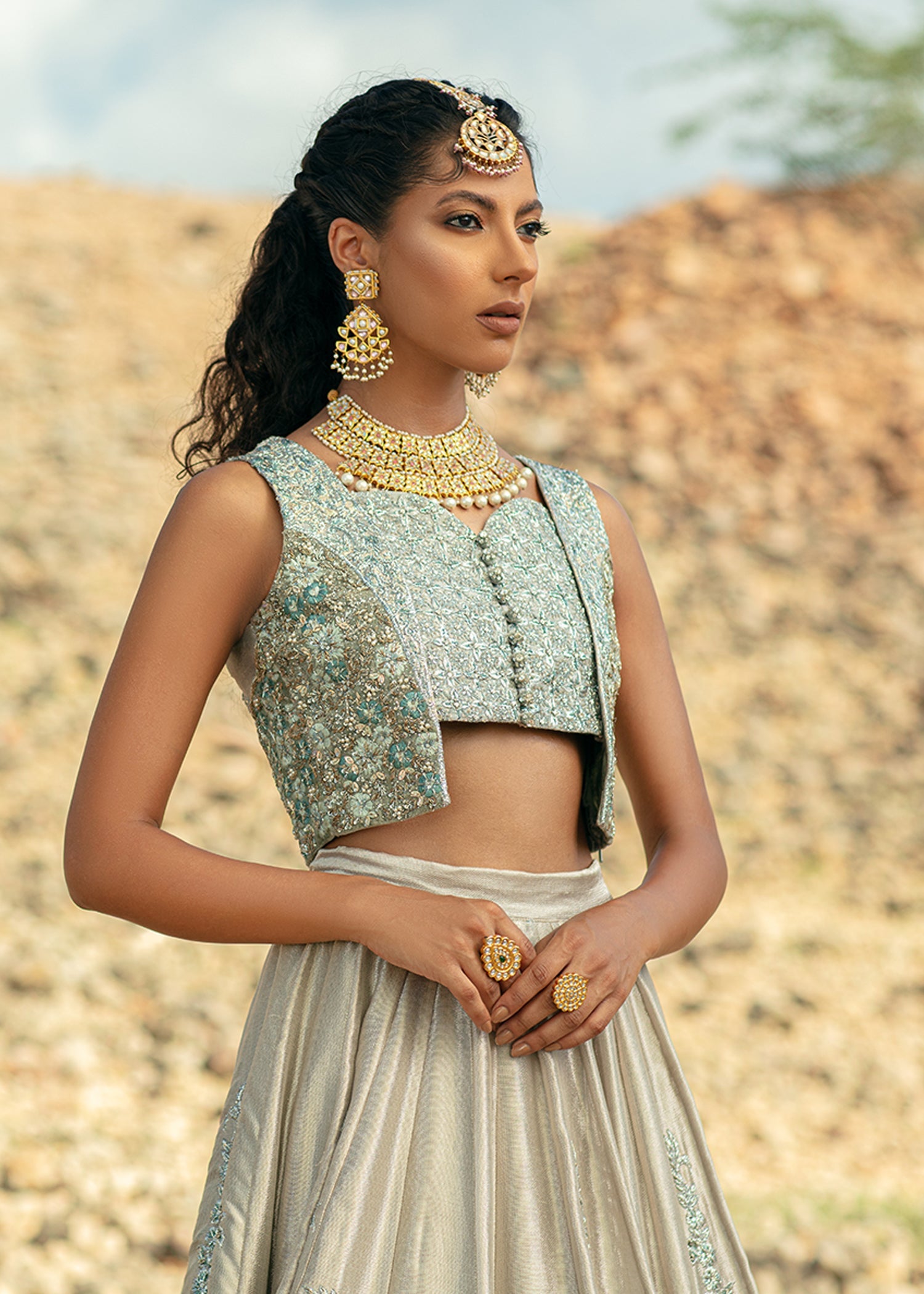 Steel Grey Embroidered Pure Silk Lame Lehenga (3-Piece) - Image 5