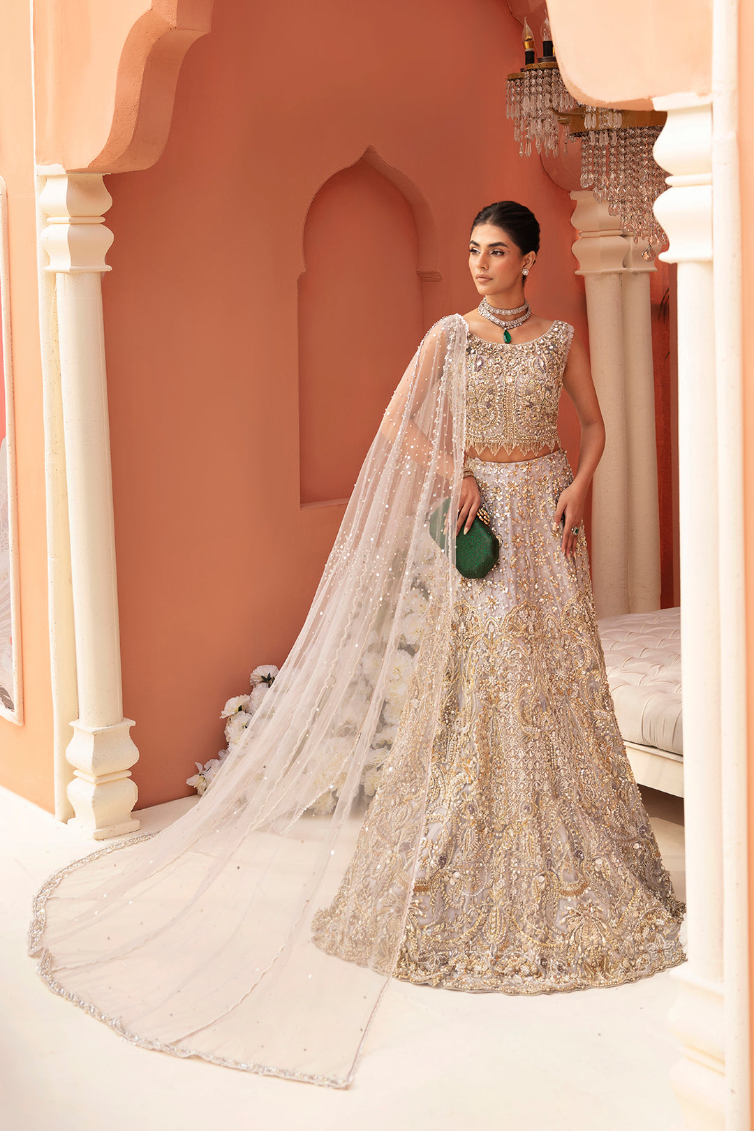 Pakistani Moon Grey Embellished Silk Bridal Lehenga (3-Piece) - Image 1