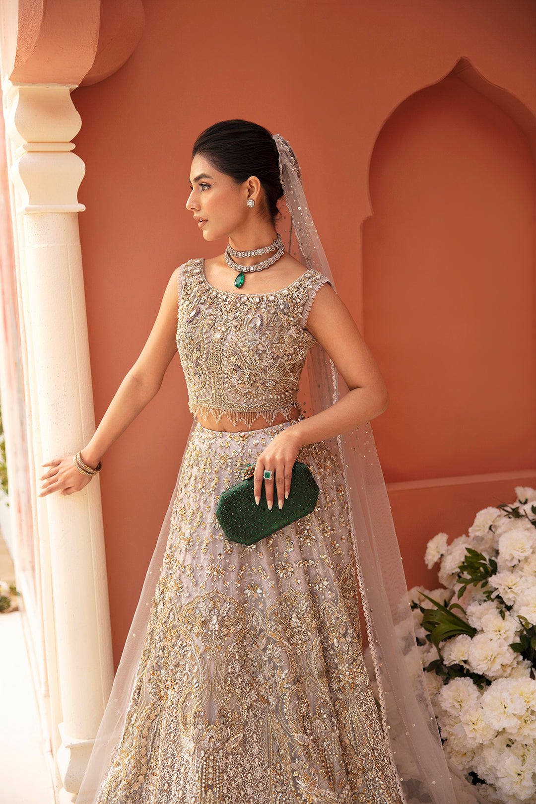Pakistani Moon Grey Embellished Silk Bridal Lehenga (3-Piece) - Image 2