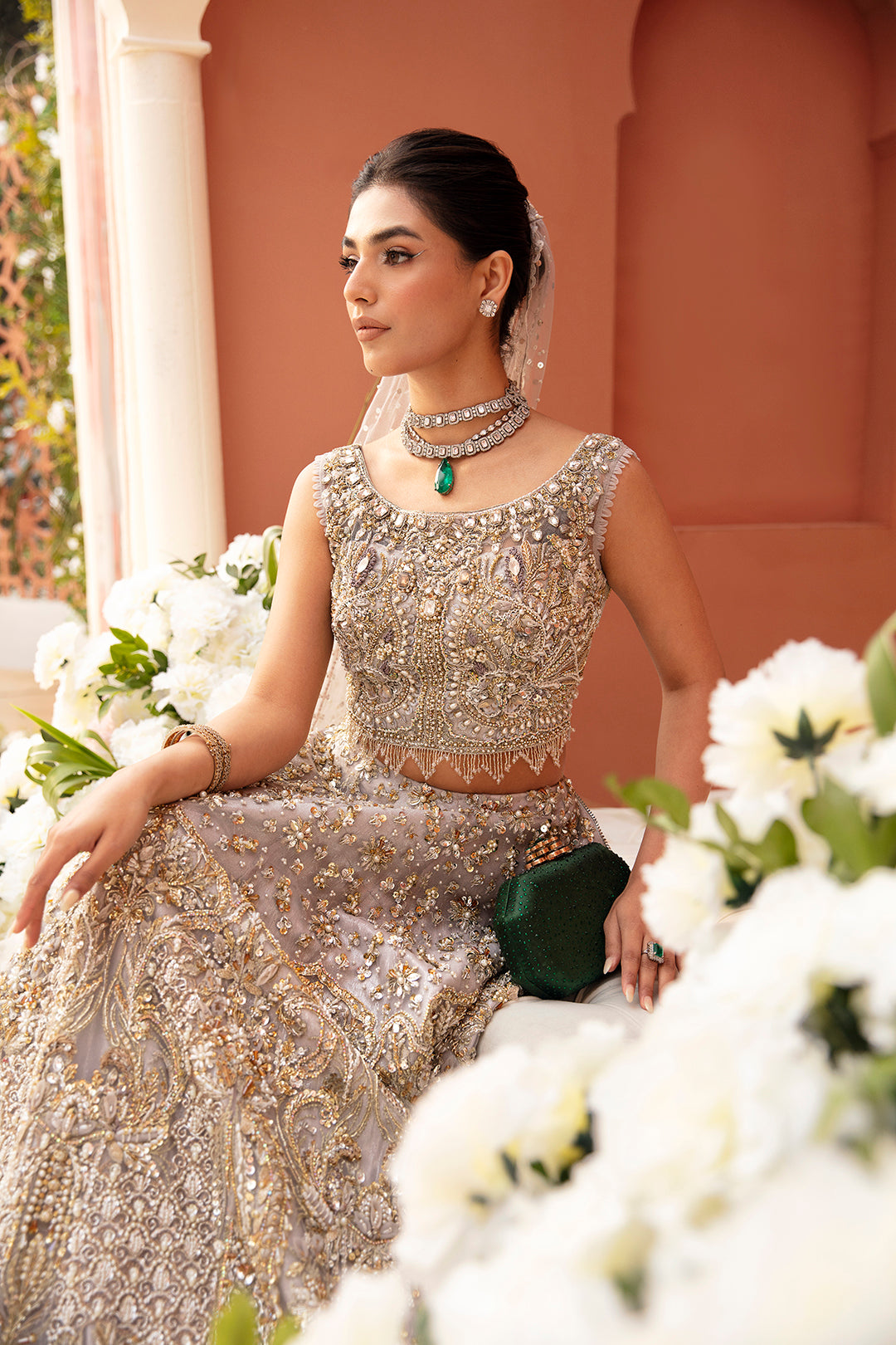 Pakistani Moon Grey Embellished Silk Bridal Lehenga (3-Piece) - Image 4