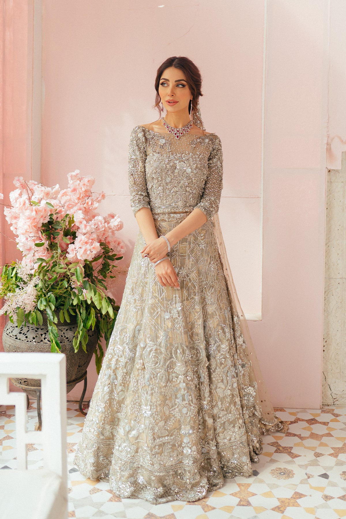 Grey Embellished Tissue Lehenga Choli (3-Piece) - Image 1