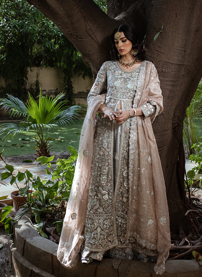 Grey Embroidered Tissue Bridal Lehenga Gown (3-Piece) - Image 1