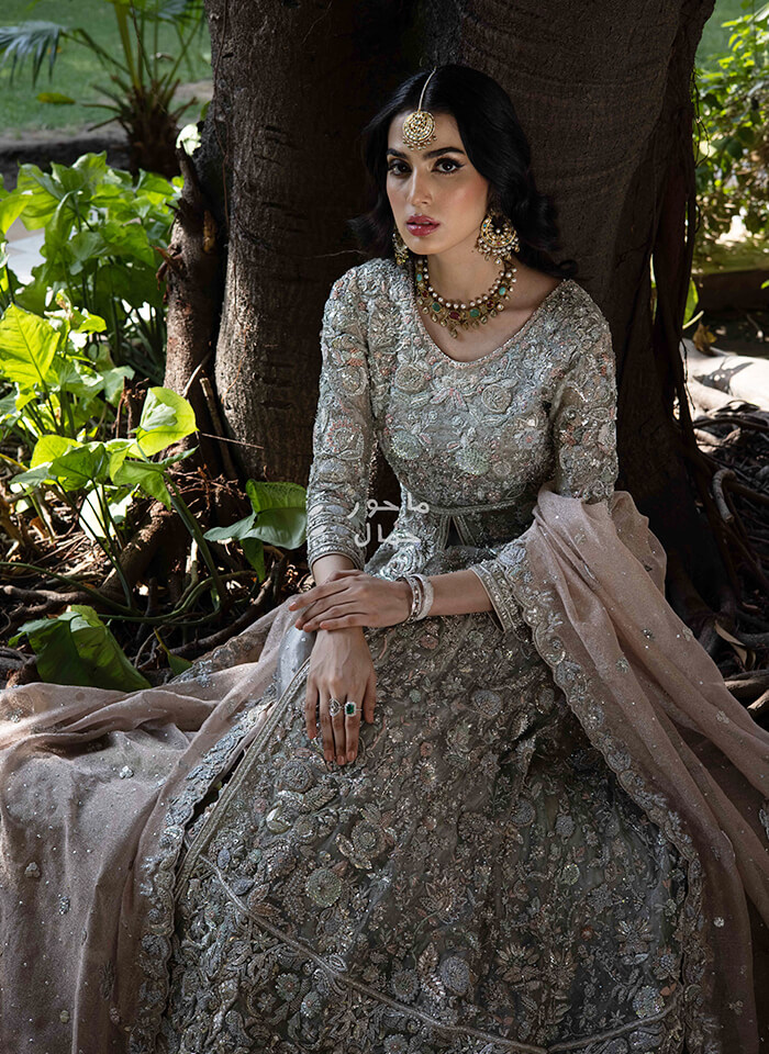 Grey Embroidered Tissue Bridal Lehenga Gown (3-Piece) - Image 2