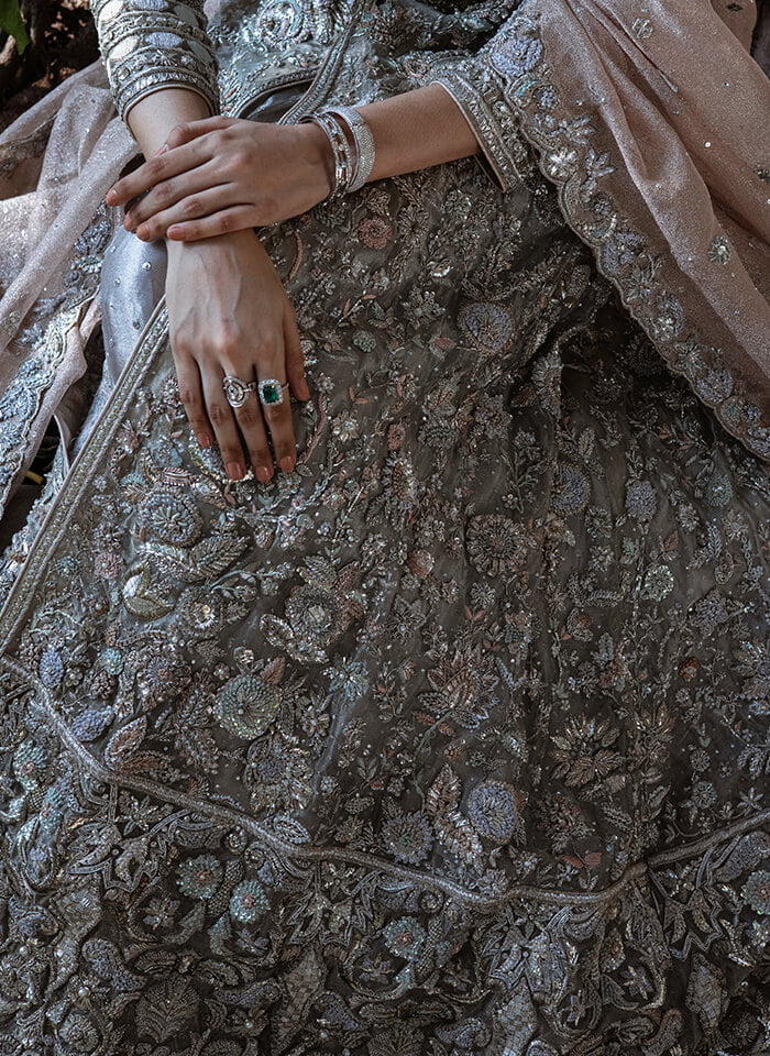 Grey Embroidered Tissue Bridal Lehenga Gown (3-Piece) - Image 3