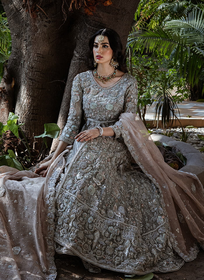 Grey Embroidered Tissue Bridal Lehenga Gown (3-Piece) - Image 4