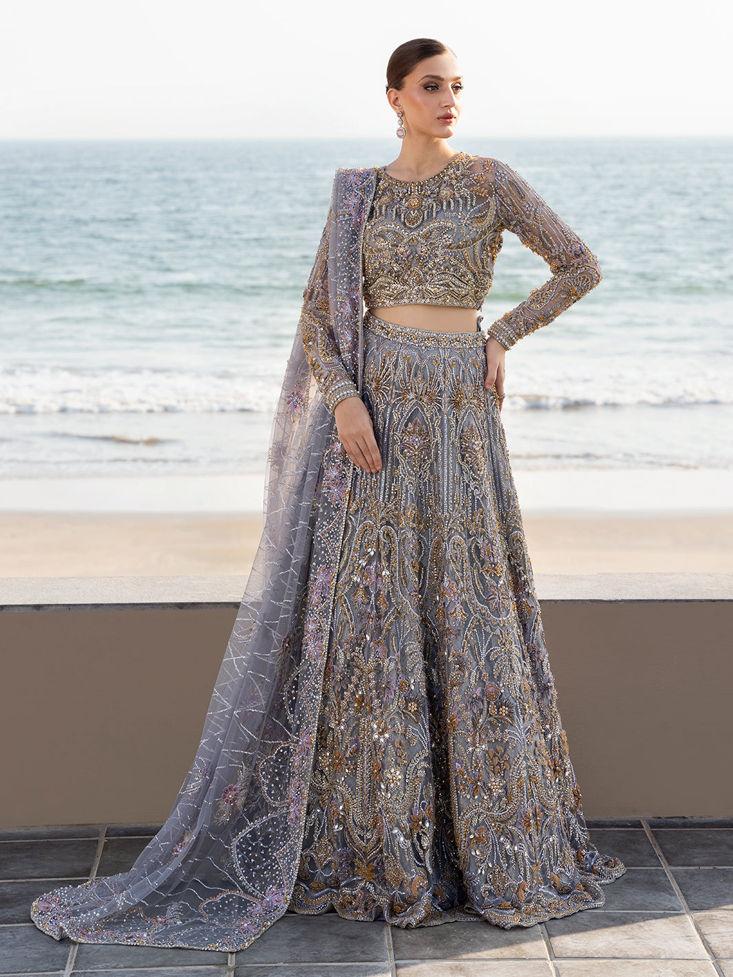 Amethyst Grey 3D Floral Tulle Lehenga Choli (3-Piece) - Image 1