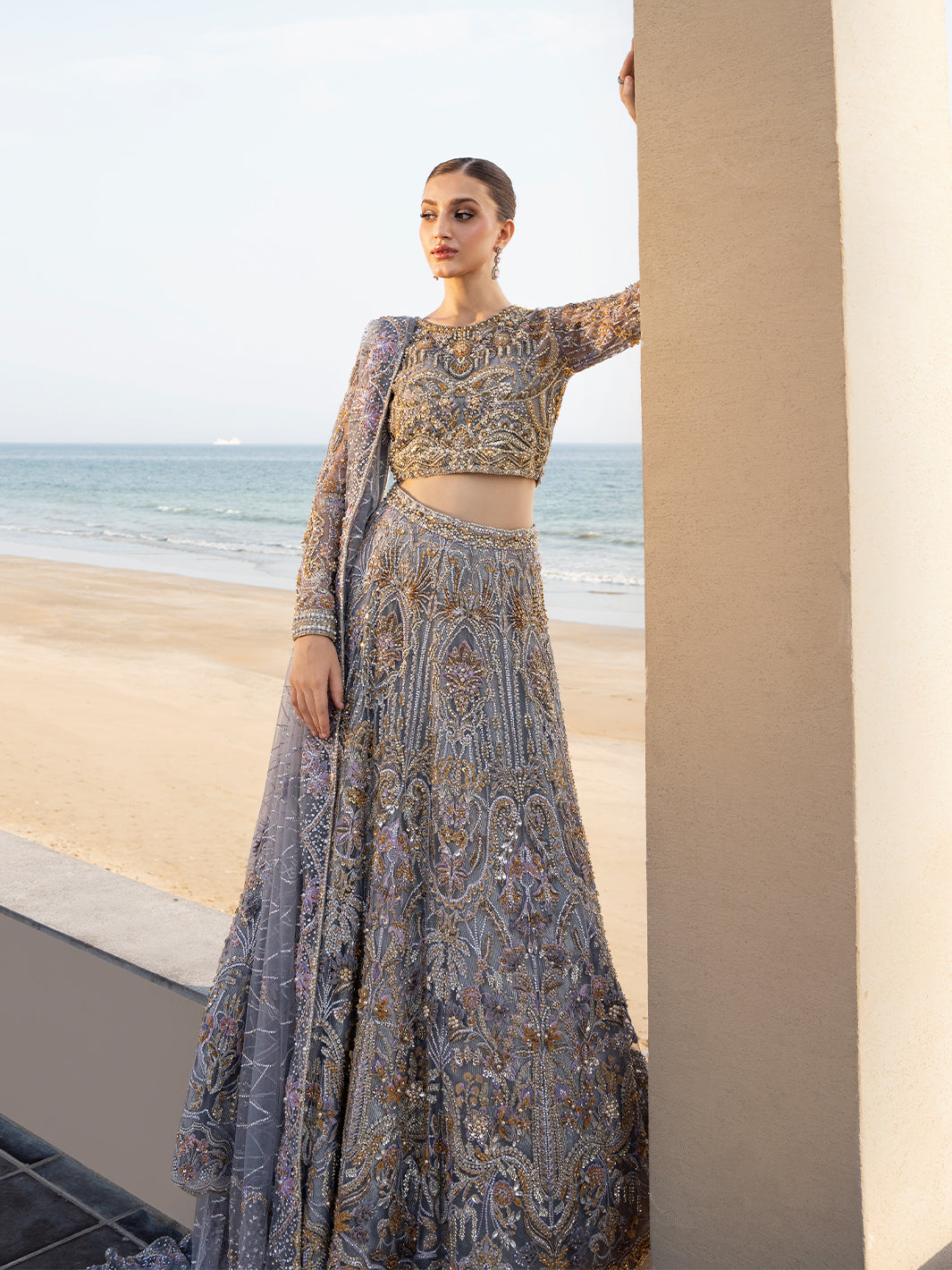 Amethyst Grey 3D Floral Tulle Lehenga Choli (3-Piece) - Image 4