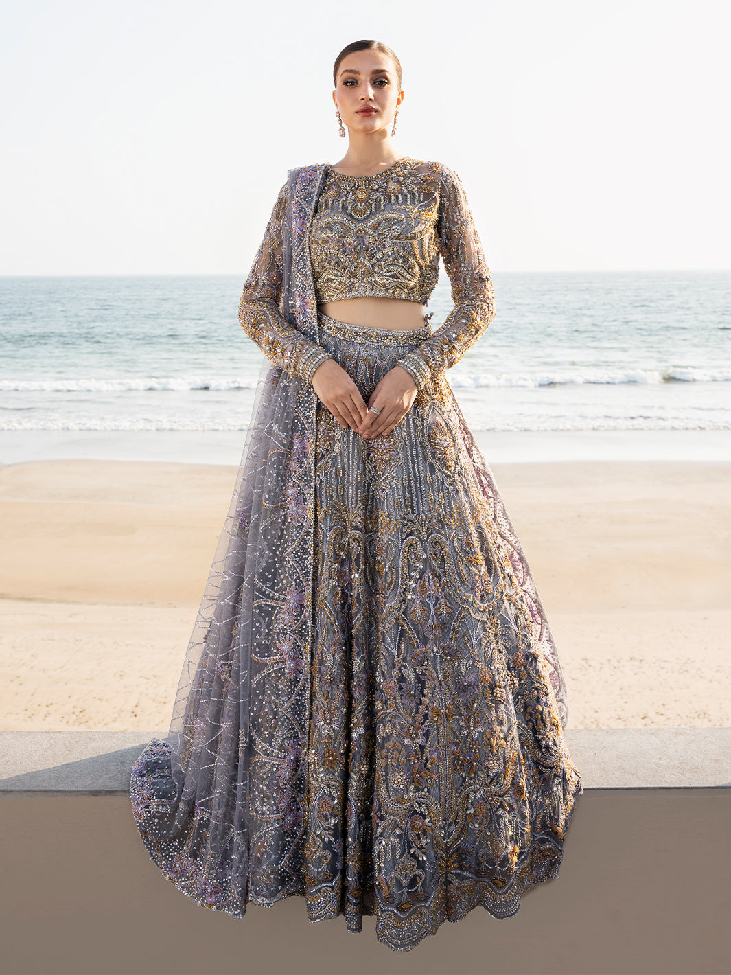 Amethyst Grey 3D Floral Tulle Lehenga Choli (3-Piece) - Image 5