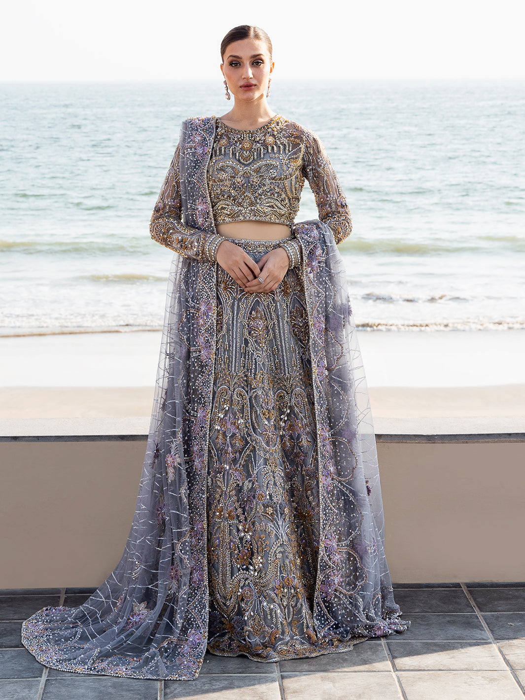 Amethyst Grey 3D Floral Tulle Lehenga Choli (3-Piece) - Image 6