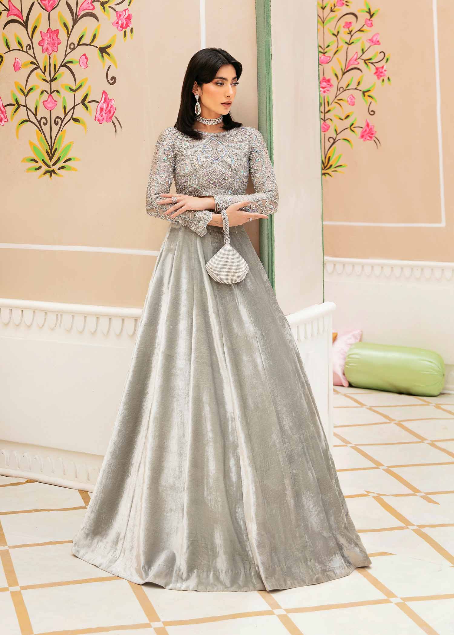 Grey Embellished Organza Choli with Velvet Lehnga (2-Piece) - Image 1