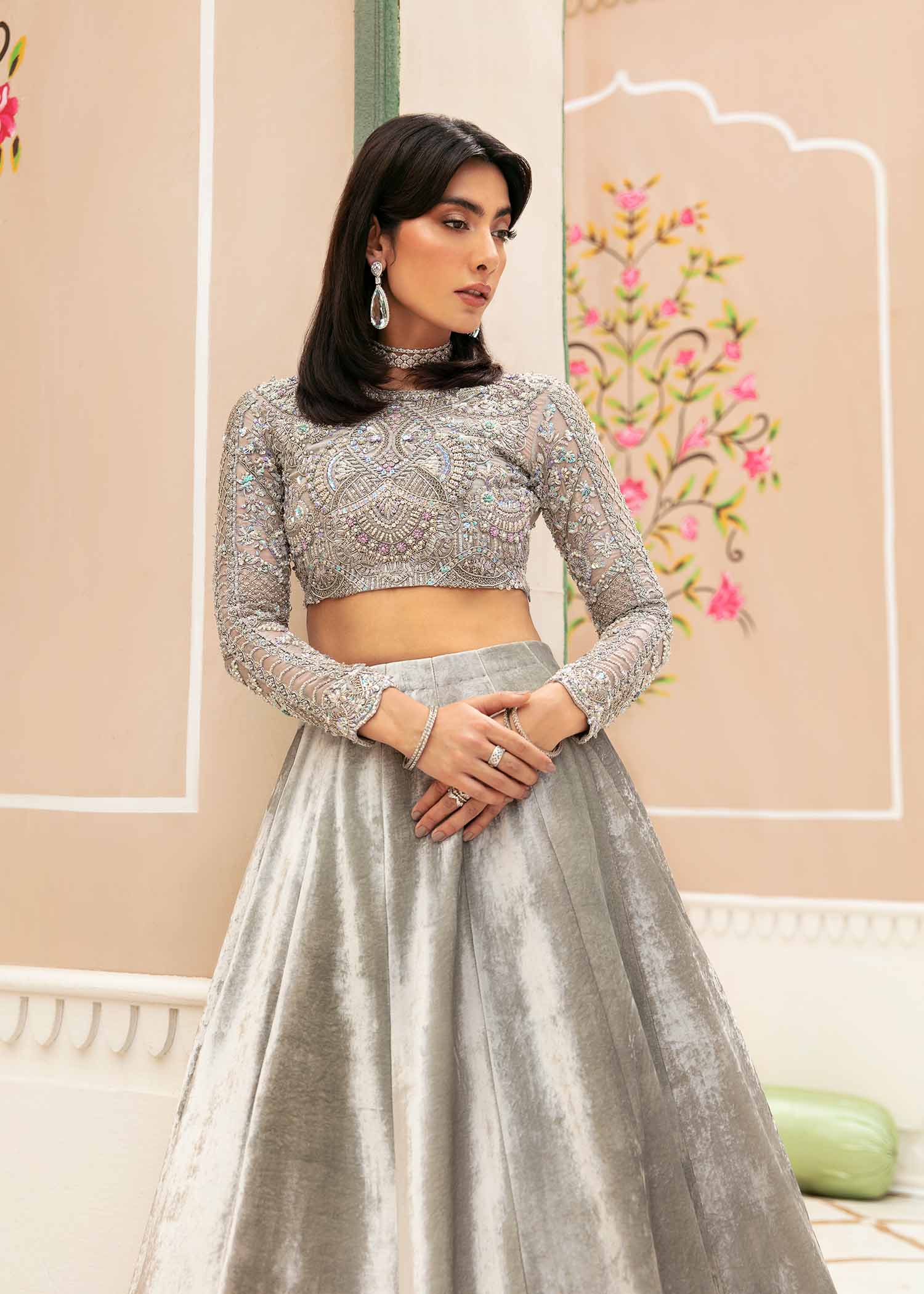 Grey Embellished Organza Choli with Velvet Lehnga (2-Piece) - Image 6