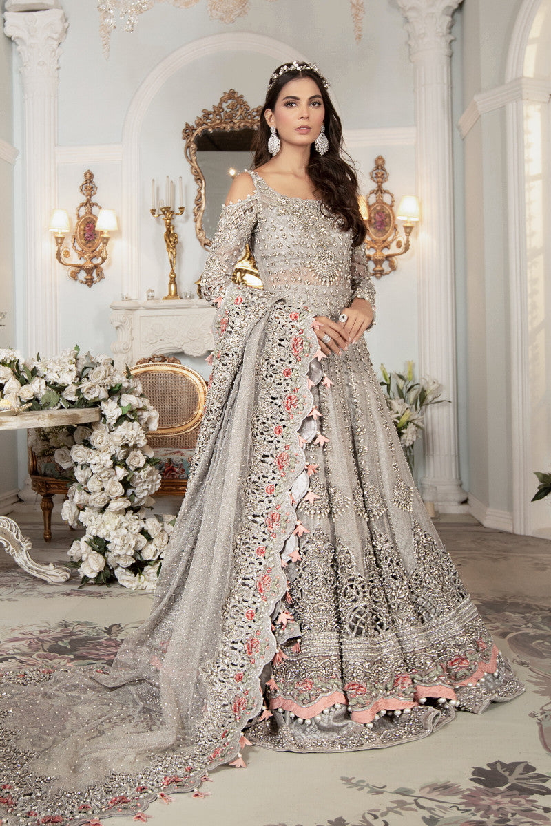 Pakistani Grey Hand Embroidered Zari Net & Jamawar Lehenga (3-Piece) - Image 1