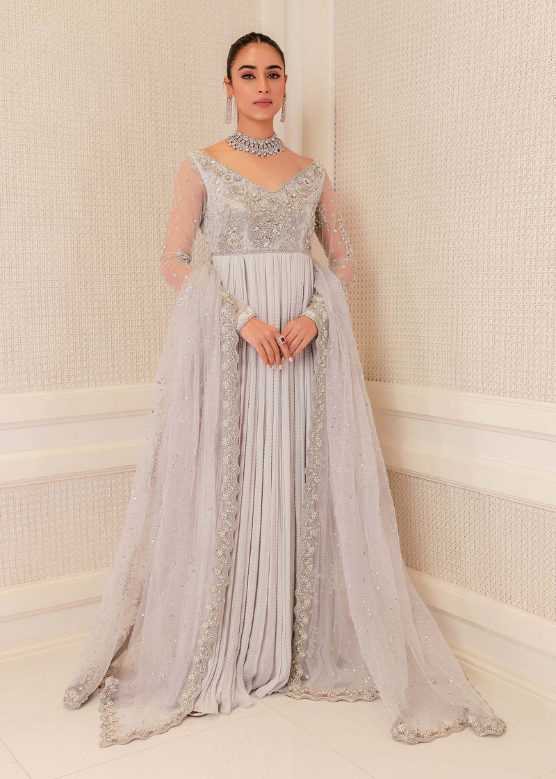 Pakistani Soft Grey Crystal Embellished Net Silk Maxi (1-Pc) - Image 1