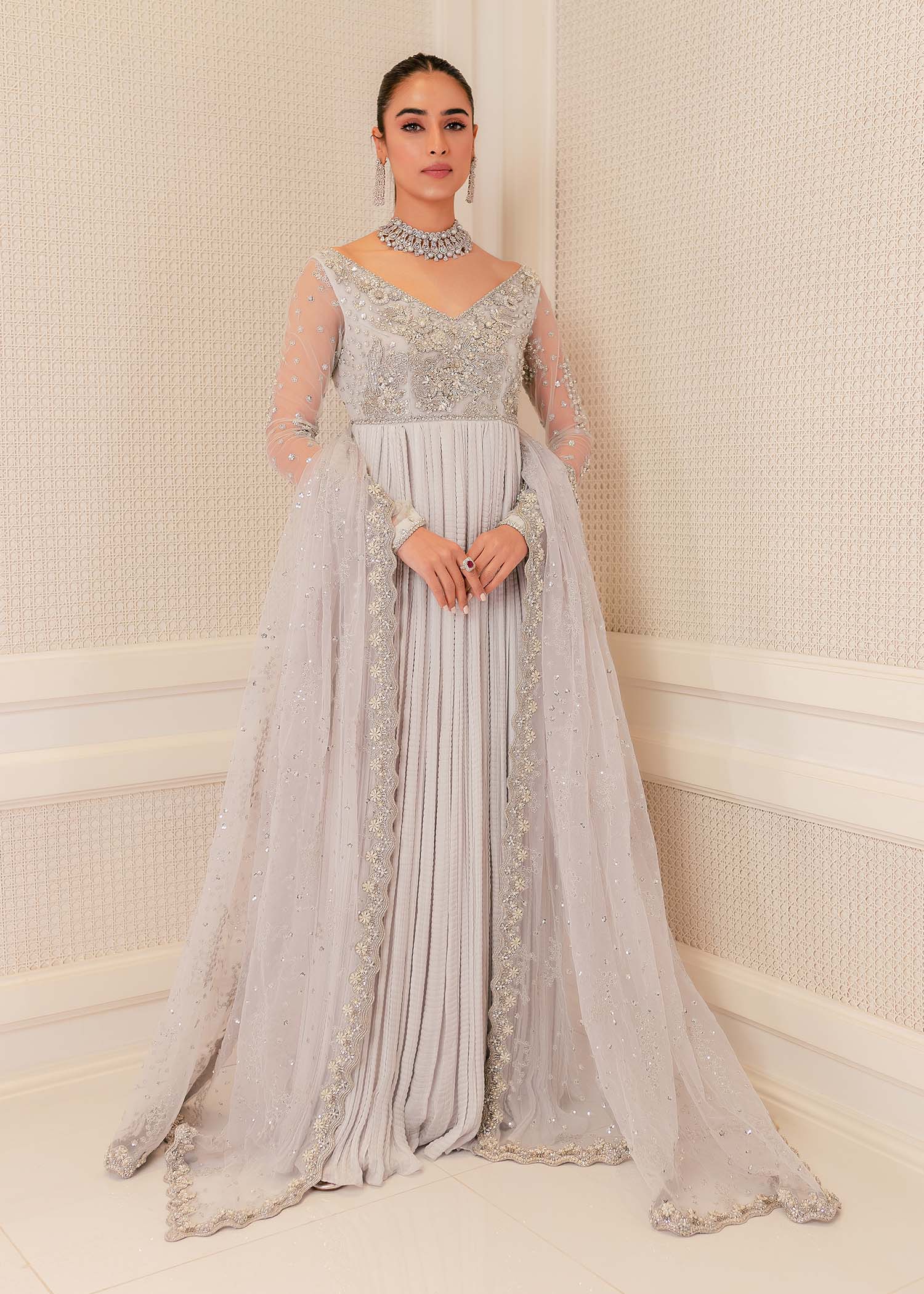 Pakistani Soft Grey Crystal Embellished Net Silk Maxi (1-Pc) - Image 2