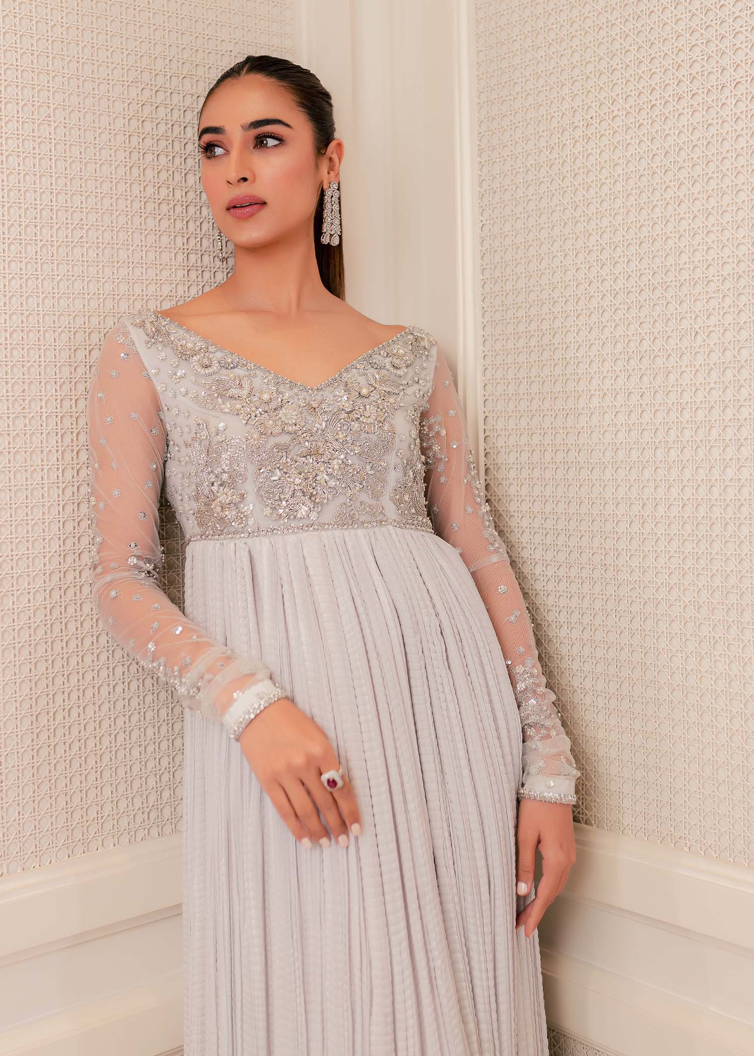 Pakistani Soft Grey Crystal Embellished Net Silk Maxi (1-Pc) - Image 3