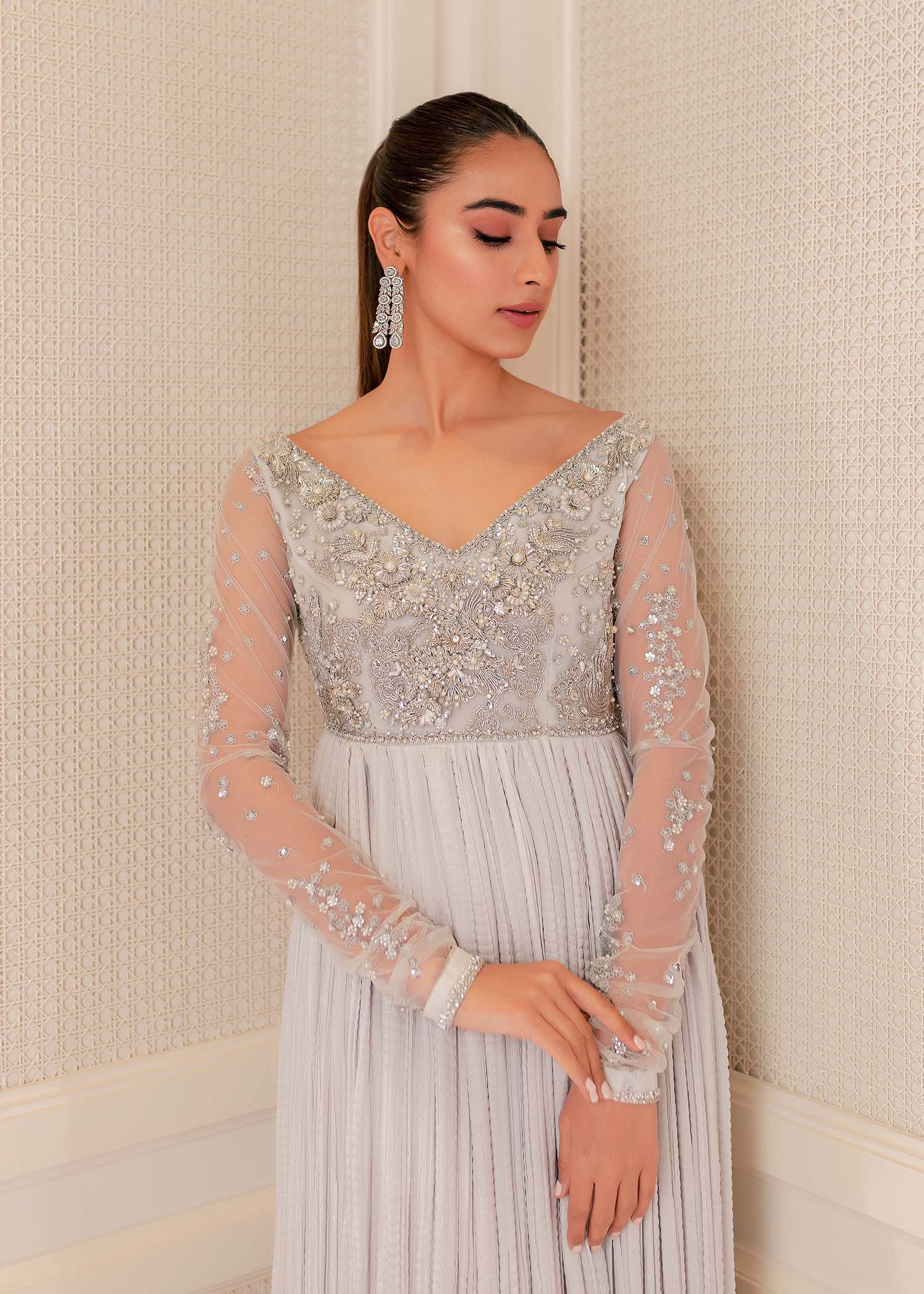 Pakistani Soft Grey Crystal Embellished Net Silk Maxi (1-Pc) - Image 4