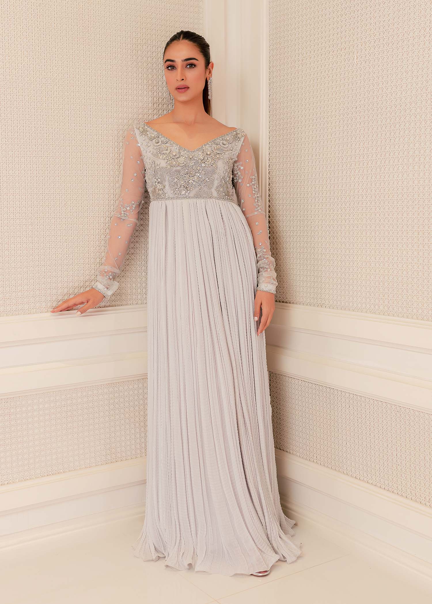 Pakistani Soft Grey Crystal Embellished Net Silk Maxi (1-Pc) - Image 6