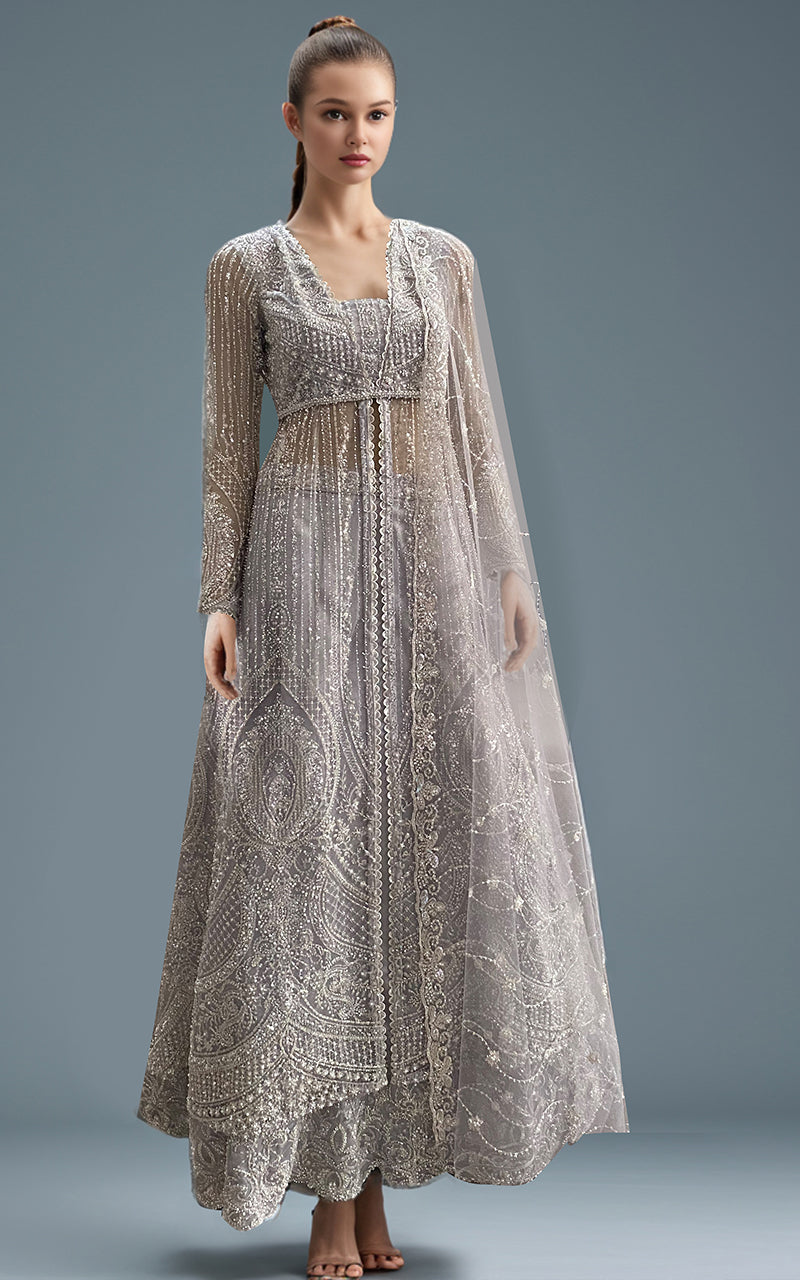 Grey Embroidered Net Maxi Dress (3-Piece) - Image 1