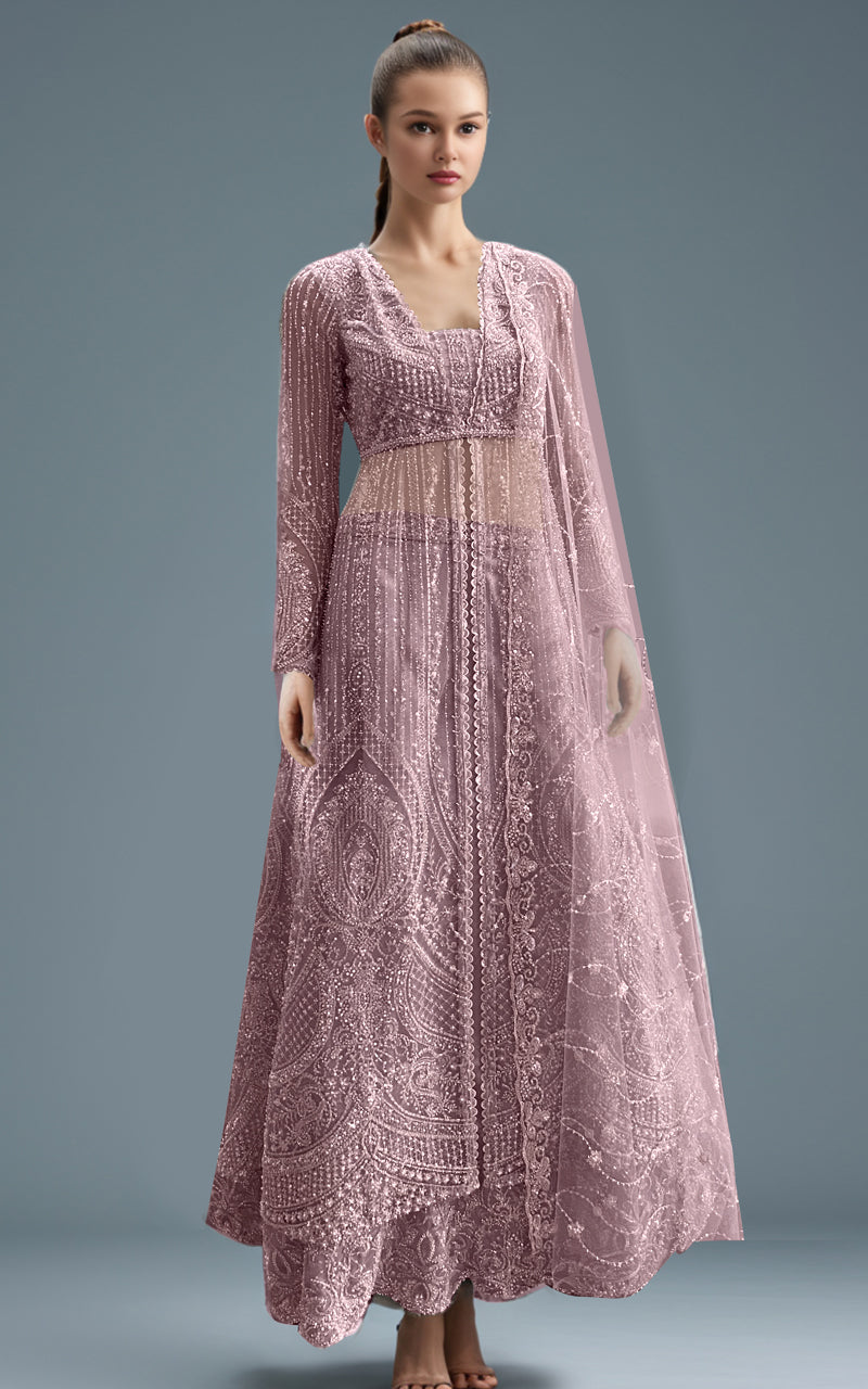 Grey Embroidered Net Maxi Dress (3-Piece) - Image 2