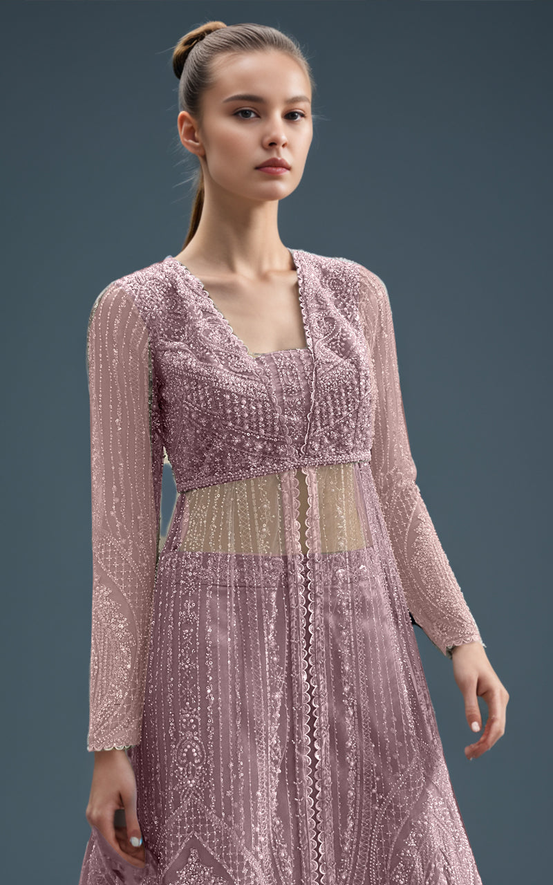 Grey Embroidered Net Maxi Dress (3-Piece) - Image 3